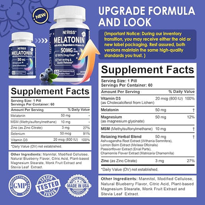 NEVISS Melatonin 50 mg for Adults - Extra Strength 9-in-1 Fast Dissolve Sublingual - High Dose with Magnesium Glycinate, Vitamin D3, Ashwagandha, Lemon Balm, Chamomile, Sugar Free, Vegan 180 Tablets