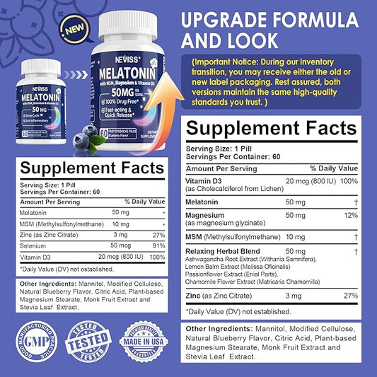 NEVISS Melatonin 50 mg for Adults - Extra Strength 9-in-1 Fast Dissolve Sublingual - High Dose with Magnesium Glycinate, Vitamin D3, Ashwagandha, Lemon Balm, Chamomile, Sugar Free, Vegan 180 Tablets