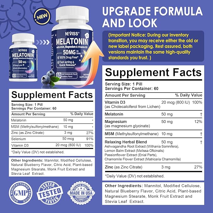 NEVISS Melatonin 50 mg for Adults - Extra Strength 9-in-1 Fast Dissolve Sublingual - High Dose with Magnesium Glycinate, Vitamin D3, Ashwagandha, Lemon Balm, Chamomile, Sugar Free,Vegan 120 Tablets