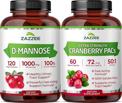 Zazzee Ultimate Urinary Tract Support Bundle | Super Concentrated Proanthocyanidin Cranberry Extract Capsules Plus D-Mannose 1000mg Capsules for UT & Bladder Cleansing (60 Servings Each)