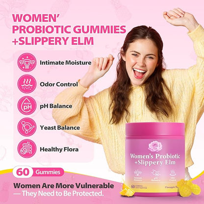 Her Juicy Feminine Probiotics Gummies with Slippery Elm Supports pH Balance Gut Health & Immune System Promote Vaginal Health for Women 40 Pineapple Gummies