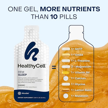Healthycell REM Sleep Aid Supplement for Adults - Liquid Gel Extra Strength Sleep Supplement with Melatonin, Magnesium, L-Theanine, GABA & Natural Calming Herbs - 30 Gel Packs, Cherry Flavored