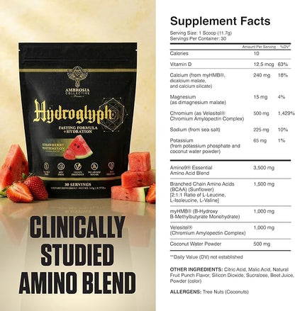 Ambrosia Hydroglyph Fasting Electrolytes Powder | Hydration Drink Mix with Amino Acids | Sugar Free Electrolyte Powder for Fasting & Intra Workout | 30 Servings, Strawberry Watermelon