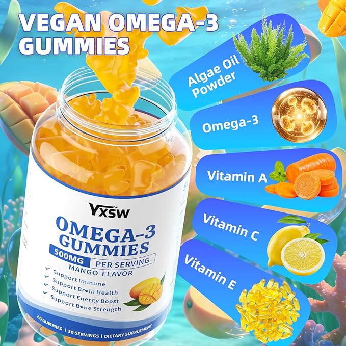 Vegan Omega-3 Gummies 500mg, Omega 3 Fish Oil Alternative for Adults with Plant-Based EPA & DHA & Vitamin A, C, E for Brain, Eye & Immune Health, Sugar Free, Mango Flavor, 120 Count