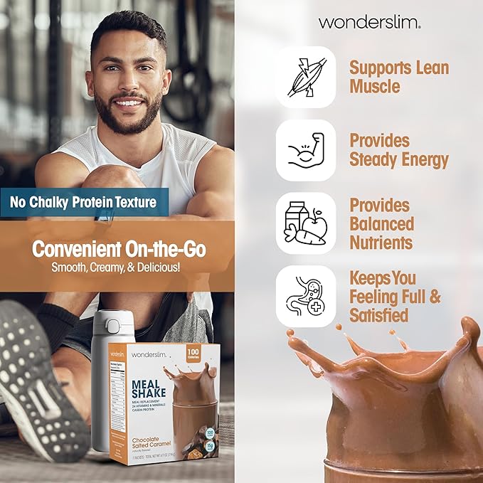 WonderSlim Meal Replacement Shake, Chocolate Salted Caramel, 15g Protein, 24 Vitamins & Minerals, Gluten Free, Low Carb (7ct)
