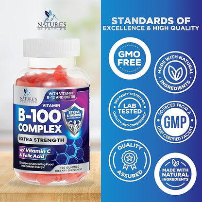 Vitamin B Complex Gummies - Extra Strength Super B Vitamin Gummy with Vitamin C For Immune Support - Energy Support Supplements with Folic Acid, Niacin, B6, B12 & Biotin for Men & Women - 120 Gummies