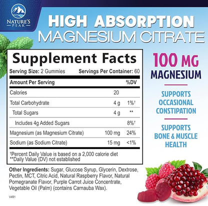 Magnesium Citrate Gummy - High Absorption Magnesium Gummies for Adults & Kids - Enhanced Bioavailability Form Mag Citrate Supplement - Improved Vegan Formula - Delicious Raspberry Flavor - 120 Gummies