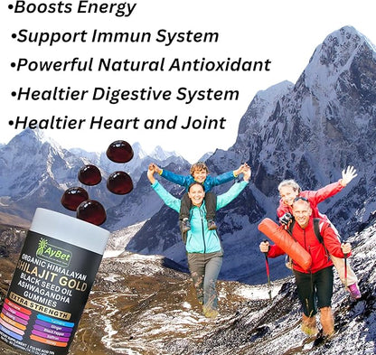 Organic Himalayan Shilajit Gold Gummies for Men and Women, Black Seed Oil, Ashwagandha, Ginseng, Turmeric, Gokshura, Lion's None, Lab Tested,%75 Fulvic Acid, No Sugar Added, Halal, 90Gummy