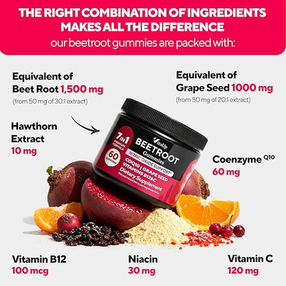 VitaUp Beet Root Gummies – Beetroot Supplement with CoQ10, Grape Seed, Vitamin C, B12 & B3 – Nitric Oxide Gummies for Circulation Support – Beet Supplement for Energy & Immune Support – 60 Beets Chews