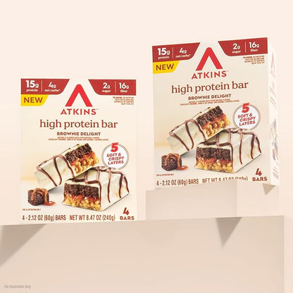 New Atkins High Protein Bars, Brownie Delight Flavor, 15g of Protein, 4g Net Carbs, 4 Count* (Pack of 3)