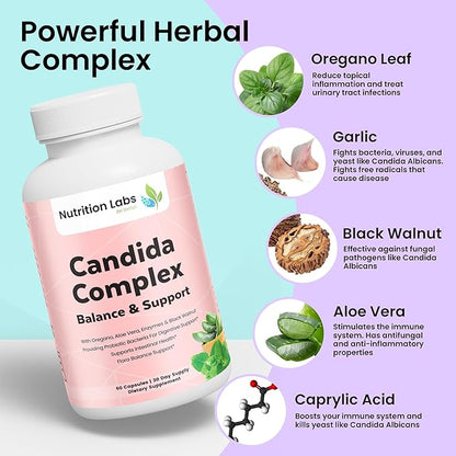 Candida Cleanse Supplement for Balance & Support, Candidase Detox, Women & Men. Gut Health & Flora, pH Level, Intestinal Health. Lactospore® Probiotics. Anti Yeast Overgrowth W/ Oregano, Caprylic Acid