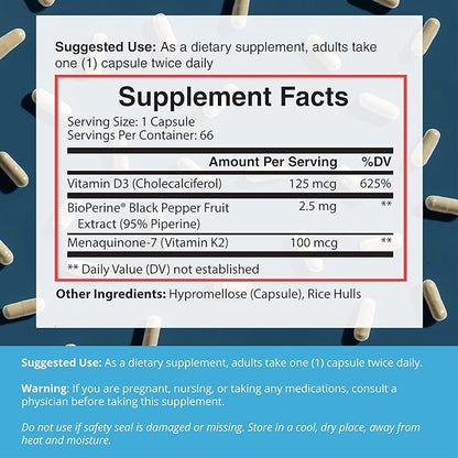 Dr. Boz - K2+D3 Capsules, 66 Servings - Vitamin D3 K2 Supplement with BioPerine - Bone & Heart Health - Enhanced Absorption - Quality Tested - Made in the USA - 5000iu (D3) - 4000iu (K2) - Self Care