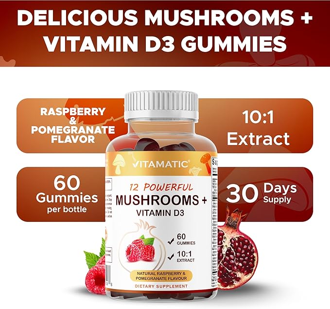 Vitamatic Mushroom Complex Gummies with D3 – Plant-Based Botanical Extract – Pectin-Based, Non-GMO – Herbal Supplement Gummies – 60 Count - 2 Pack (120 Count)