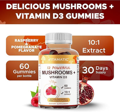 Vitamatic Mushroom Complex Gummies with D3 – Plant-Based Botanical Extract – Pectin-Based, Non-GMO – Herbal Supplement Gummies – 60 Count - 2 Pack (120 Count)