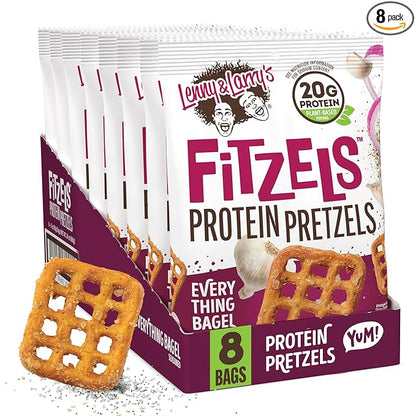 Lenny & Larry's FITZELS Protein Pretzels (Everything Bagel) 8 Individual Bags 3 oz Each – High Protein Snacks with 20g of Plant Based Protein – Healthy Vegan Pretzels – Delicious Salty Taste