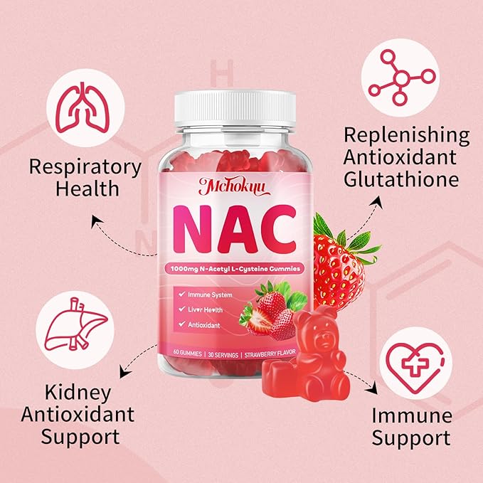 NAC Gummies for Adults & Kids 1000mg Per Serving, NAC Supplement N-Acetyl Cysteine for Immune, Glutathione & Antioxidant Support, Sugar-Free Vegan Strawberry Flavor, 60 Count