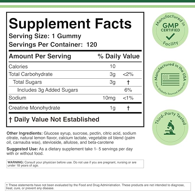 Creatine Monohydrate Gummies - 1g per Serving, 120 Count - No Fillers, Vegan Safe, Non-GMO, Gluten Free by Double Wood