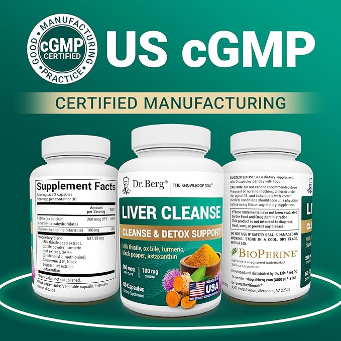 Dr. Berg Liver Cleanse Detox Capsules w/Unique Blend of Milk Thistle, Ox Bile & Folate - Liver Supplement Includes Turmeric, Black Pepper & Choline - 60 Capsules