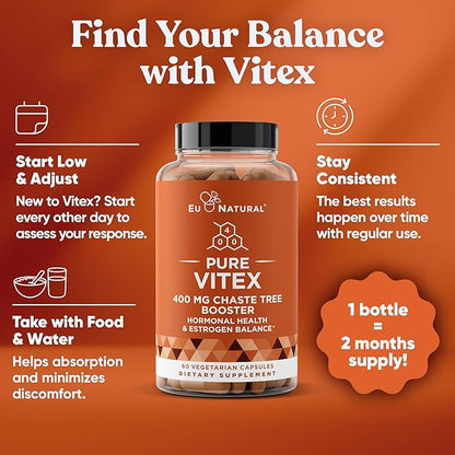 Vitex Pure 400 Mg Chasteberry – Natural PMS Support, Balance Hormones, Regulate Cycle, Promote Skin Health – Full-Spectrum & Standardized – 60 Vegan Soft Capsules