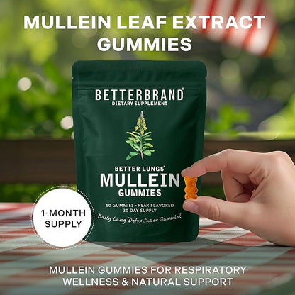 Betterbrand Mullein Chewable Gummies for Lung Cleanse and Detox, Respiratory Health Supplement, 1000mg Mullein Extract per Serving, 60 Gummies - 30 Day Supply - Pear Flavored