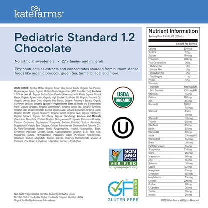 KATE FARMS Organic Pediatric 1.2 High Calorie Chocolate Nutrition Shake, 12g Protein, 27 Vitamins and Minerals, Meal Replacement, 8.45 oz (12 pack)