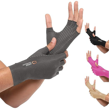 Copper Compression Arthritis Gloves | Fingerless Arthritis Carpal Tunnel Pain Relief for Men & Women | Hand Support Wrist Brace for Neuropathy, Rheumatoid, Tendonitis, Swelling, Typing Grey Large