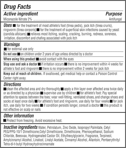 Antifungal Cream 2% Miconazole Nitrate, Treats Athlete's Foot, Jock Itch, Ringworm, Hydrating, Soothing, Non-Greasy Formula, Relieves Itching, Burning & Chafing, 3oz Tube