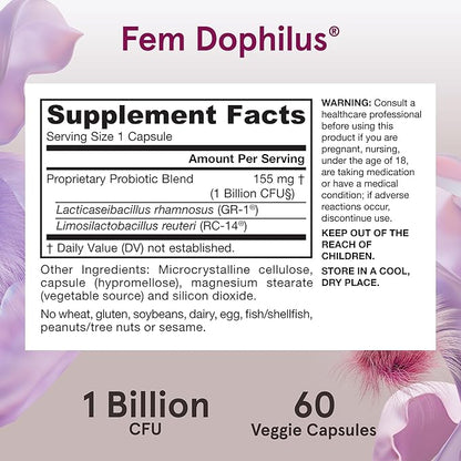 Jarrow Formulas Fem-Dophilus Vaginal Probiotics 1 Billion CFU With 2 Science-Backed Strains, Dietary Supplement For Vaginal & Urinary Tract Support, 60 Capsules, 60 Day Supply, Shelf-Stable Probiotics