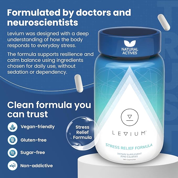 Levium Stress Supplement for Calm & Mood Support | Ashwagandha KSM-66, Magnesium, L-Theanine & GABA | Supports Mental Focus & Relaxation | Non-Habit Forming | 90 Capsules