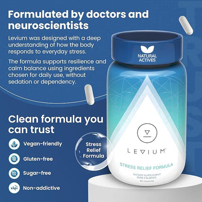 Levium Stress Supplement for Calm & Mood Support | Ashwagandha KSM-66, Magnesium, L-Theanine & GABA | Supports Mental Focus & Relaxation | Non-Habit Forming | 90 Capsules
