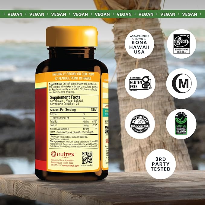 Nutrex Hawaii Vegan BioAstin Hawaiian Astaxanthin - 12mg, 75 Softgels - Farm-Direct Premium Antioxidant Supplement to Support Eye, Skin, Joint & Immune System Health - Non-GMO & Gluten-Free