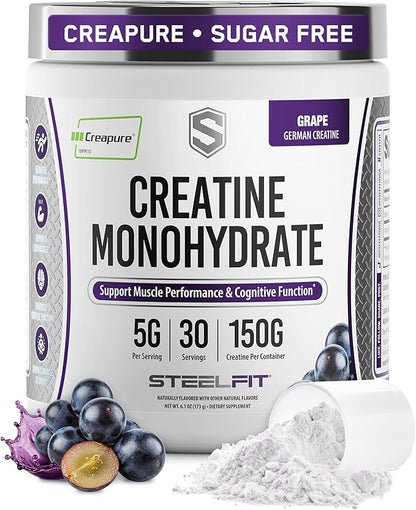 SteelFit Creapure Pure Creatine Monohydrate Powder for Men & Women, Grape - Flavored Creatine Gym Workout Supplements for Lean Muscle Gain, Brain Health & Strength Building - 30 Servings