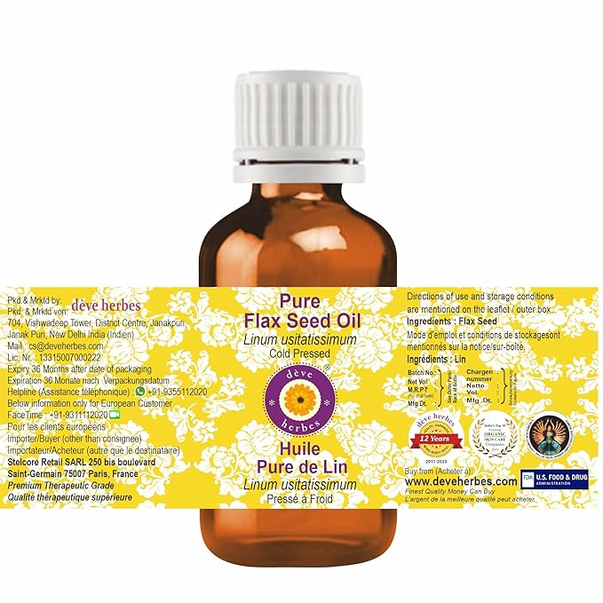 Deve Herbes Flax Seed Oil (Linum usitatissimum) | Cold Pressed | Pure | Natural | Undiluted | For Diluting Essential oils | For Skin & Massage | Non-Sticky | Lightweight | Men & Women | 50ml (1.69 oz)