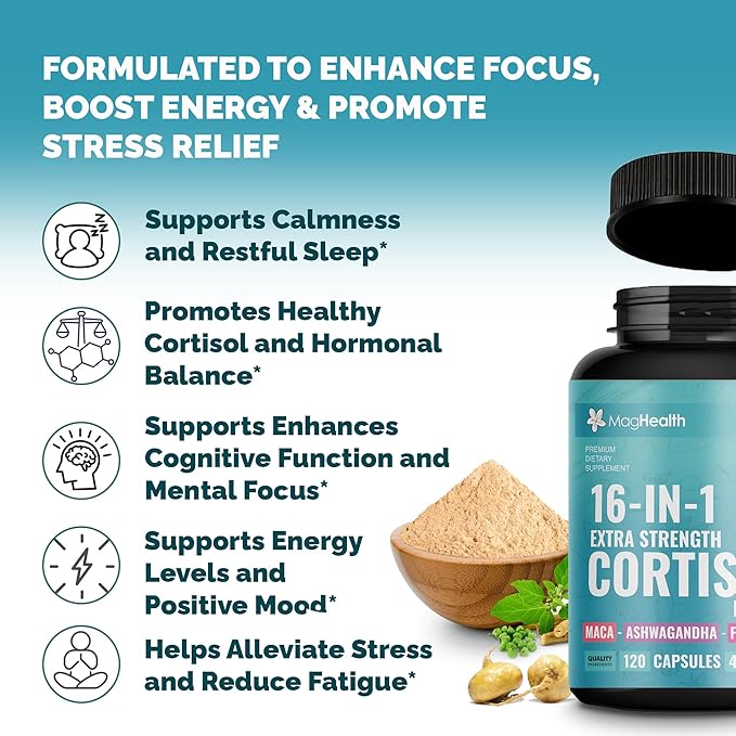 Cortisol Complex 16-in-1 Supplement for Women & Men | Stress Support Manager with Organic Ashwagandha, Maca Root, Rhodiola Rosea & Shilajit | Adaptogen Blend for Balance & Energy | 120 Capsules