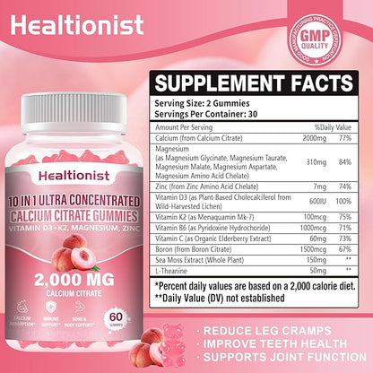 1 Packs 2000mg Calcium Citrate with Vitamin D3 K2 Supplements Gummies for Women & Men, Magnesium, Zinc, High Absorption, Bone, Muscle & Immune Support, 60 Counts Peach Flavor Gummies