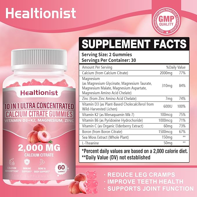 2 Packs 2000mg Calcium Citrate with Vitamin D3 K2 Supplements Gummies for Women & Men, Magnesium, Zinc, High Absorption, Bone, Muscle & Immune Support, 120 Counts Peach Flavor Gummies