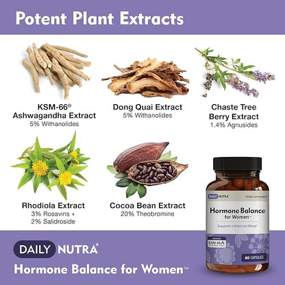 Hormone Balance - Women's Serotonin Supplement - KSM-66 Ashwagandha, Dong Quai, Chaste Tree Berry, Rhodiola, & Cocoa Bean Extracts - for Female Hormones, PMS, Menopause (60 Capsules)