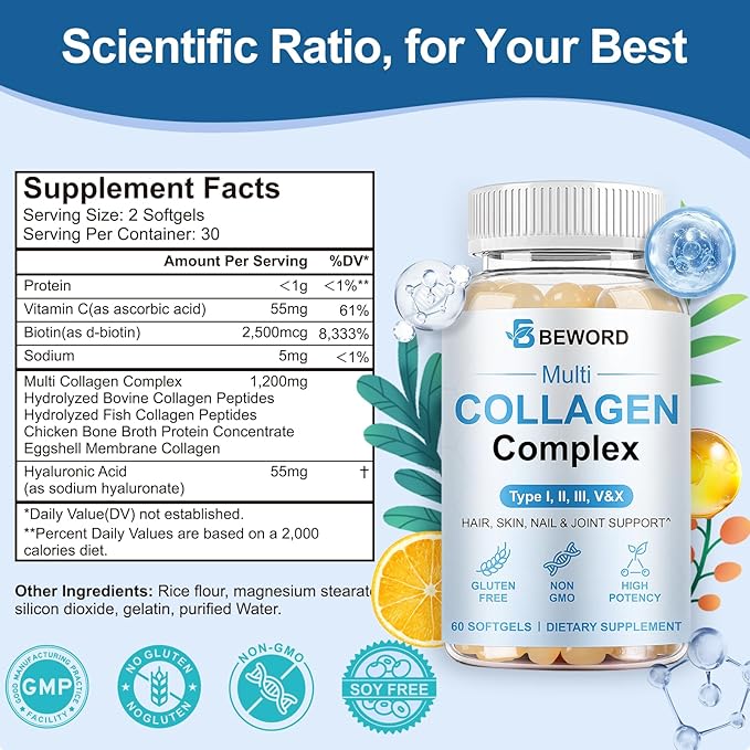 BEWORD Multi Collagen Softgels for Women & Men, 240 Capsules - Type I,II,III,V,X Hydrolyzed Collagen w/Vitamin C & Hyaluronic Acid - Supports Skin, Hair, Nails, Joints - Grass-Fed, Non-GMO,4 Pack