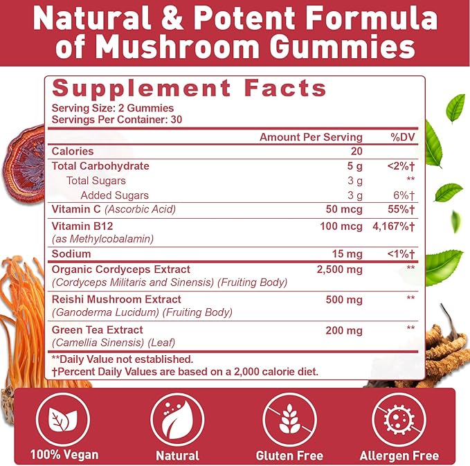 Mushroom Gummies, Cordyceps Reishi Mushroom Supplement Gummies for Adults with Green Tea Extract, Brain Supplements for Memory and Focus, Energy, Athletic Performance*, Rest - 60 Count