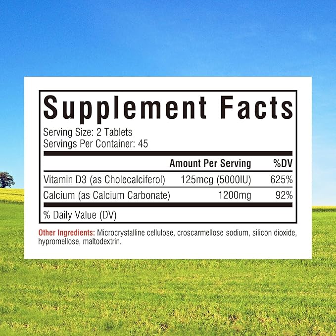 Innate Vitality Calcium 1200 mg with Vitamin D3, 5000IU Vitamin D3, Absorbable Calcium Supplement, Non GMO, No Gluten, for Bone, Immunity, 90 Tablets