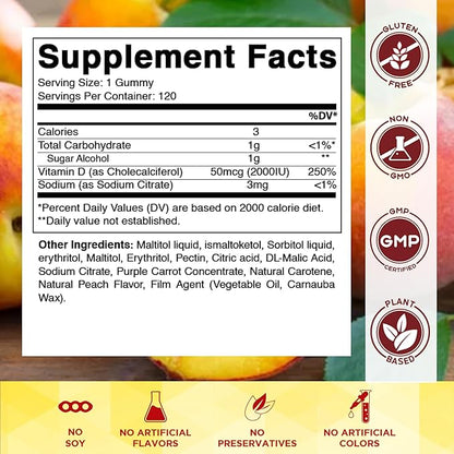 Vitamatic Sugar Free Vitamin D3 2000 IU - 120 Pectin Based Gummies - Great Taste - Healthy Bones, Mood & Immune System Function - Non-GMO - 120 Servings