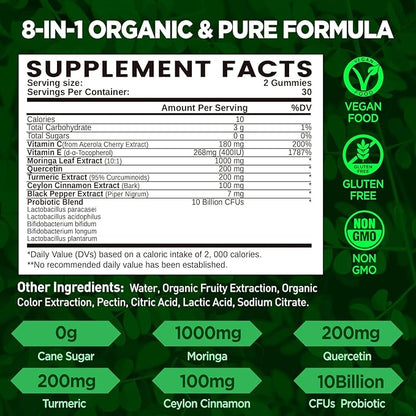 Moringa Gummies for Women Men, Pure Organic Moringa Leaf Extract Supplement with Vitamin C & E, Turmeric, Ceylon Cinnamon, Probiotics for Gut & Immune Health, Supergreen, Sugar-Free, Vegan, 60 Chews