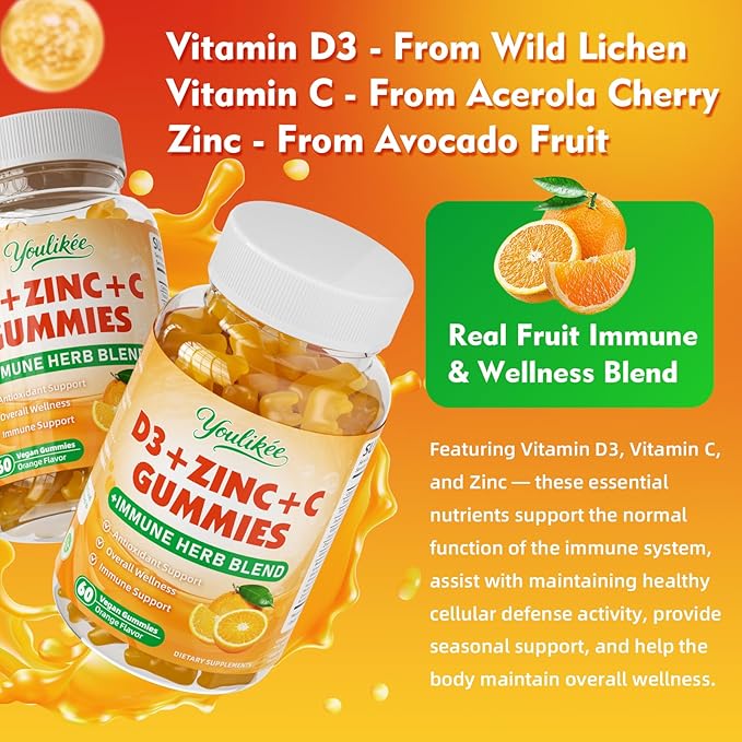 Vitamin C + D3 + Zinc Gummies for Adults, Immune Support Supplement with Elderberry, Echinacea & Mullein Leaf - Antioxidant Support, Sugar Free, Orange Flavor, 60 Count