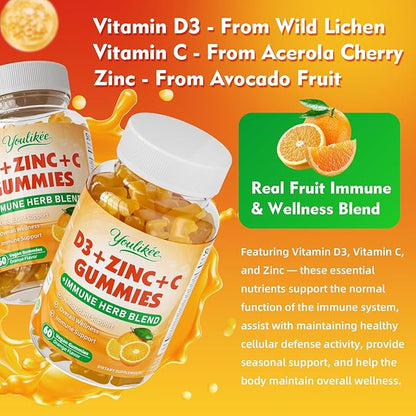 Vitamin C + D3 + Zinc Gummies for Adults, Immune Support Supplement with Elderberry, Echinacea & Mullein Leaf - Antioxidant Support, Sugar Free, Orange Flavor, 60 Count