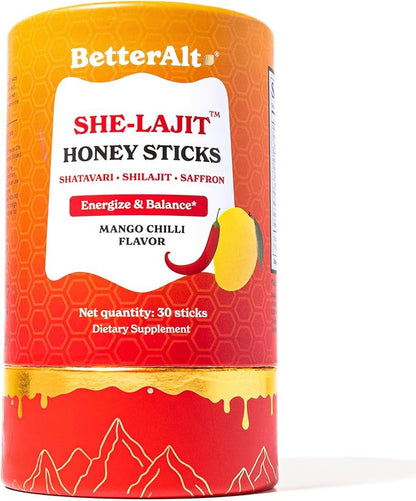 Better Alt She-Lajit Honey Sticks Mango Chilli Flavor | with Shatavari, Shilajit & Saffron | 85+ Nutrients for Vitality & Stamina| 30 Sticks