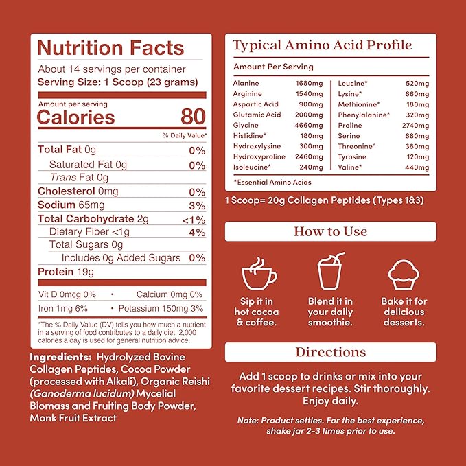 Further Food Chocolate Collagen Peptides Powder with Reishi Mushroom - 100% Grass-Fed, Hydrolyzed Type 1 & 3, 20g of Collagen per Serving, Supports Skin, Hair, Nails & Joints, 11.36 Oz
