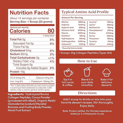Further Food Chocolate Collagen Peptides Powder with Reishi Mushroom - 100% Grass-Fed, Hydrolyzed Type 1 & 3, 20g of Collagen per Serving, Supports Skin, Hair, Nails & Joints, 11.36 Oz