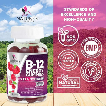 B12 Energy Gummies - 4500 mcg Vitamin B12 Per Serving - Extra Strength Chewable B12 Supplement for Energy, Metabolism & Immune Support - For Women, Men & Kids - Natural & Berry Flavored - 60 Gummies