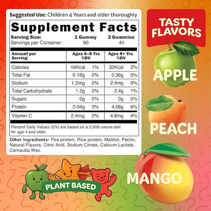Bear Bites Gummies-Plant Based Kids Protein Gummy– Vegan, Sugar-Free, Gluten-Free, Vitamin C – Immunity Booster, Protein Snacks –Tasty Apple, Peach, Mango Flavors –90 Count –No Artificial Flavors