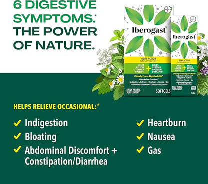 Iberogast Liquid Drops, Herbal Relief of Stomach Upsets: Occasional Indigestion, Bloating, Gas, Nausea, Upset Stomach; Gluten Free; 6-Herb Blend with Iberis Amara, Peppermint, Licorice; 50mL